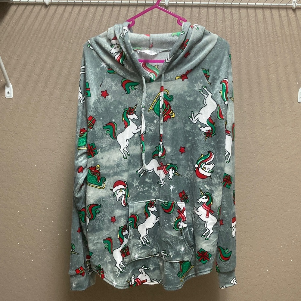 No Boundaries Festive Unicorn Hoodie - Gray and Green